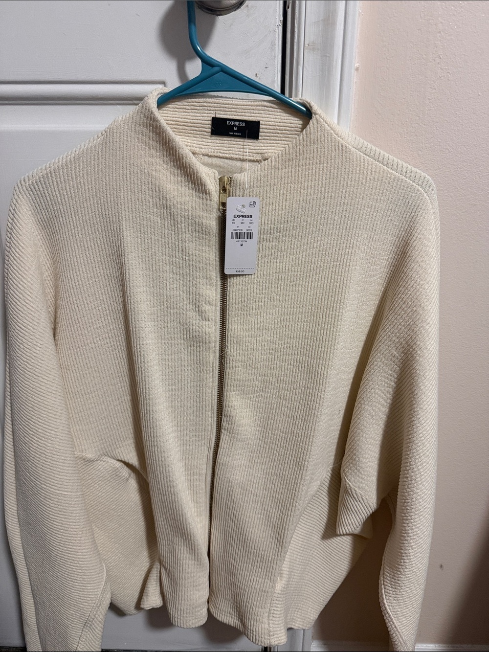 Express Cream Ribbed Zip-Front Bomber Jacket
